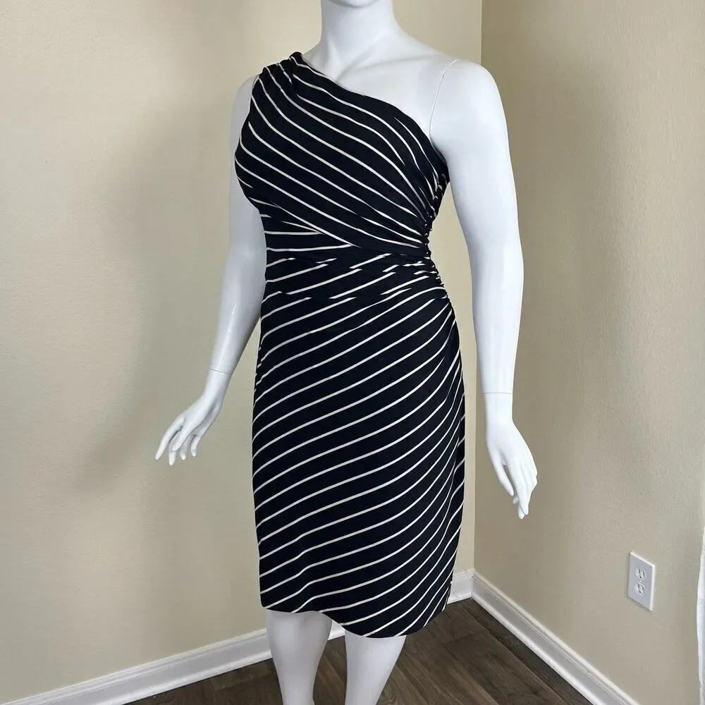 Lauren Ralph Lauren Women Size 16 Black Striped One Shoulder Ruched Sheath Dress